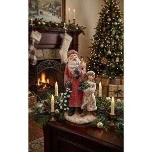 Vintage Rustic Old World Santa with Child Crackle Finish Figurine Winter Decor